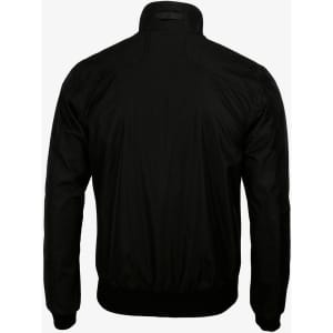 A black Davenport Men Jacket featuring a high collar and elastic cuffs, with a logo on the back.