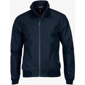 A navy jacket with a zip front, high collar, and ribbed cuffs. It features a logo on the upper left side.