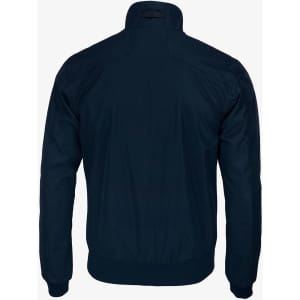 A navy jacket featuring a high collar and a smooth, streamlined back design. It includes a branding logo.