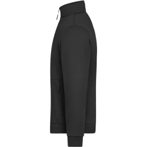 A black fleece jacket with a high collar and zippered pocket, featuring a discreet logo on the side.