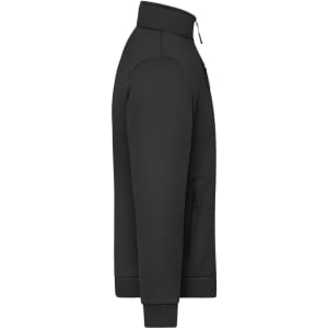 A black polar fleece jacket with a zippered side pocket and a stand-up collar. It has a logo on the front.