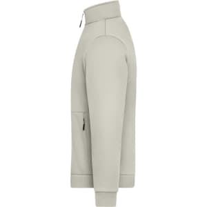 A beige fleece jacket with a full zip and side pocket, featuring a logo on the chest.