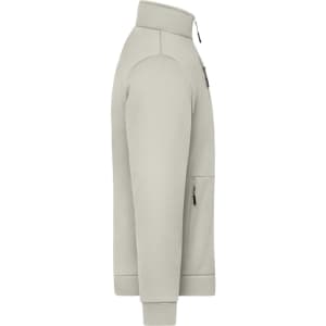 A light grey fleece jacket with a zip-up front and side pockets, featuring a logo on the chest.
