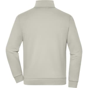 A light grey fleece jacket with a collar and ribbed cuffs, featuring a logo. The back view is displayed.