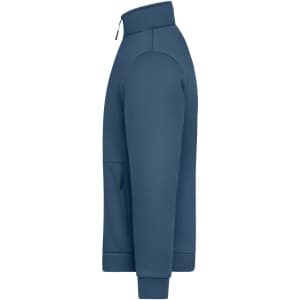 A side view of a blue polar fleece jacket featuring a zippered pocket and a high collar. It has a logo on it.