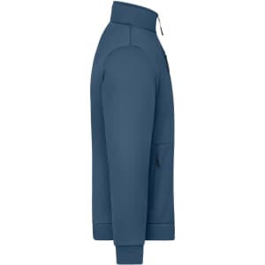 A blue fleece jacket featuring a front zip and a side pocket, with a logo on the upper left chest.