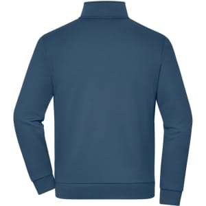A navy fleece jacket with a high collar and long sleeves, featuring a plain back design and elastic cuffs.