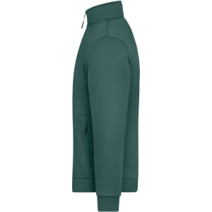 A green fleece jacket featuring a high collar and zippered side pocket, with a logo on the sleeve.