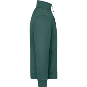 A green fleece jacket with a high collar and zippered pocket, featuring a logo on the front.