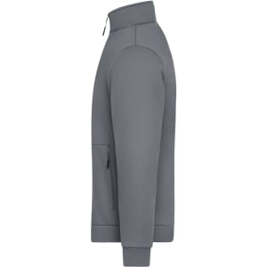 A grey fleece jacket with a high collar and zip pocket, featuring a sleek, minimalist design.