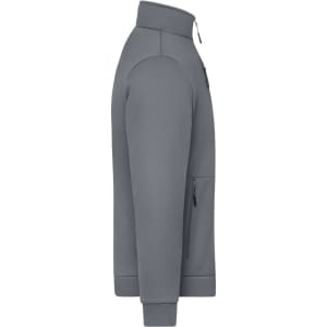 A grey fleece jacket with a high collar and zippered pockets, featuring a logo on the chest.