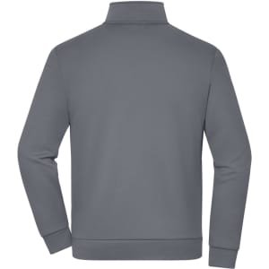A grey fleece jacket with a high collar and long sleeves, featuring a branded logo on the back.