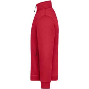 A red fleece jacket with a high collar and a side zip pocket. It features a logo on the front.