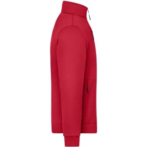 A red fleece jacket with a high collar and zippered pocket, featuring a logo on the front.