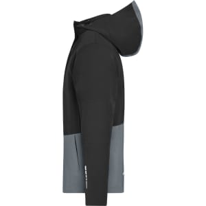 A hardshell rain jacket in black and grey, featuring a hood and a logo on the side.