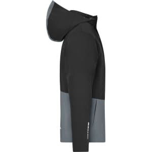 A black and grey hardshell rainjacket featuring a hood, with a logo on the side.