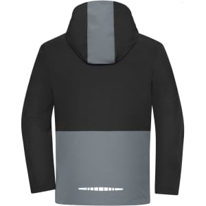 A hardshell rainjacket in black and grey, featuring a hood and a logo on the back.