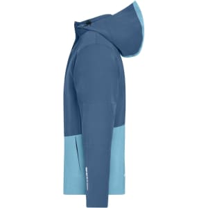 A hardshell rainjacket in navy blue and light blue, featuring a hood and a logo on the sleeve.