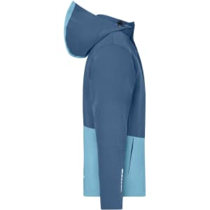 A hardshell rainjacket in a blue and light blue colour scheme, featuring a hood and a logo on the sleeve.