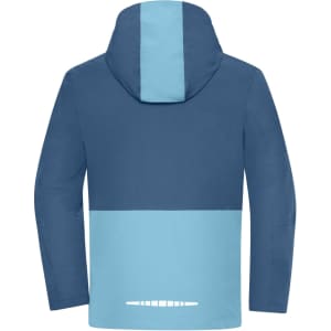A hardshell rainjacket in navy blue and light blue, featuring a hood and a logo on the back.