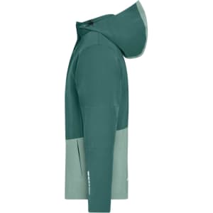 A green and light green hardshell rainjacket with a hood, featuring a logo on the side.