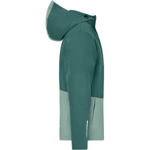 A hardshell rainjacket in green and light green with a hood, featuring a logo on the side.