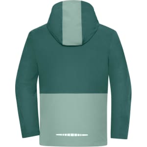 A green and light green hardshell rainjacket with a hood and a logo on the back.