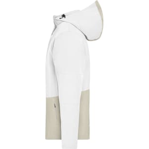 A white and beige Workwear Hardshell Rainjacket with a hood, featuring a logo on the side.