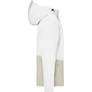 A white and beige hardshell rainjacket with a hood, featuring a logo and a clean, modern design.