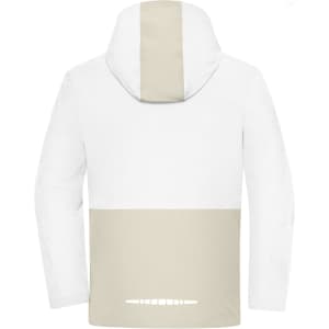 A hardshell rain jacket featuring a white body with a beige upper panel and hood, displaying a logo on the back.