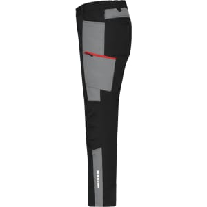 Workwear pants in black and grey with multiple pockets and a red zipper, featuring a logo. Ideal for all-season wear.