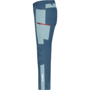 Workwear pants in navy blue with light blue accents and multiple pockets, featuring a sleek side profile and a logo.