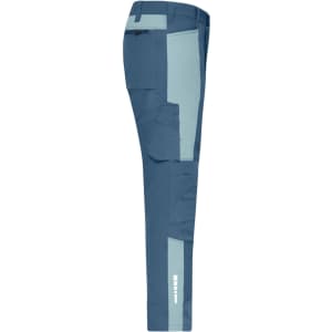 Workwear pants in a two-tone design of dark blue and light blue, featuring multiple pockets and a branding logo.