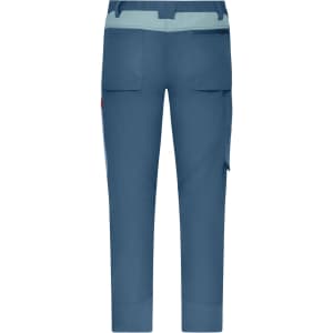 Workwear pants in a blue hue, featuring multiple pockets and a logo. Suitable for all seasons.