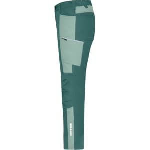 Workwear pants in a blend of teal and grey, featuring multiple pockets and a logo. Ideal for all-season use.