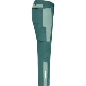Workwear pants in a teal colour with lighter green accents, featuring pockets and branding.
