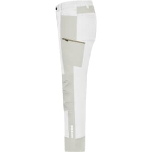 Workwear pants in white and light grey with a side pocket and branding on the lower leg.
