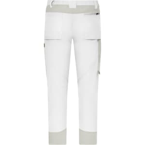 White workwear pants featuring grey accents and multiple pockets. The design includes a logo on the waistband.