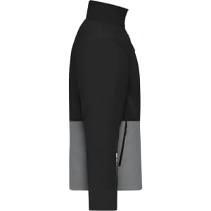A softshell workwear jacket in black and grey, featuring a high collar and a logo on the front.
