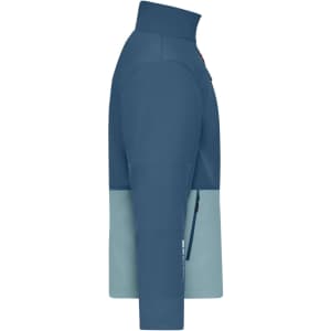 A blue and light blue softshell jacket features a high collar and zippered pocket, with a logo on the front.