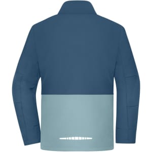 A softshell jacket featuring a navy blue upper section and a light blue lower section, with a logo on the back.