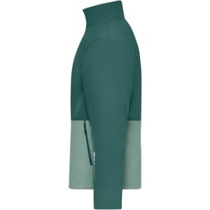 A workwear softshell jacket in dark green and light green, featuring a zippered pocket and a logo.