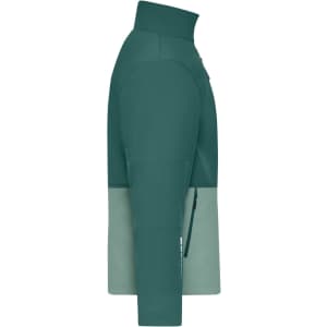 A softshell jacket in dark green and light green, featuring a side zip pocket and a logo.