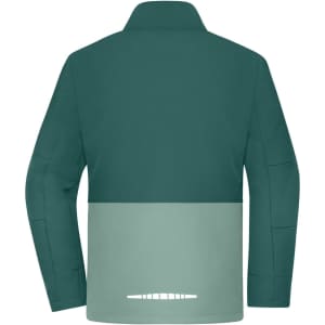 A Workwear Softshell Jacket in dark green and light green, featuring a subtle logo on the back.