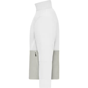 A side view of a white and grey softshell jacket featuring a zipper and a logo.