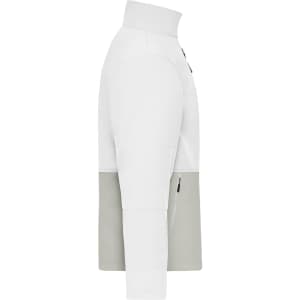 A workwear softshell jacket in white and light grey, featuring a high collar and side pockets.