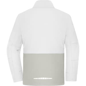 A softshell jacket featuring a white upper and grey lower section, with a rear view and a logo.