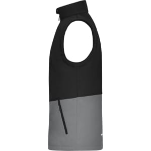 A softshell vest in black and grey, featuring a zip pocket and a logo. Suitable for workwear.