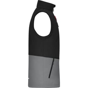 A softshell vest featuring a black upper section and grey lower section, with a zip pocket and logo.