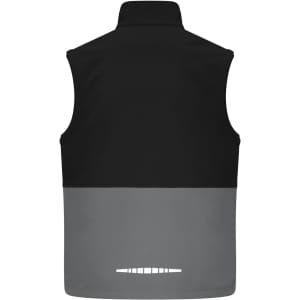 A black and grey workwear softshell vest featuring a high collar and a logo on the back.